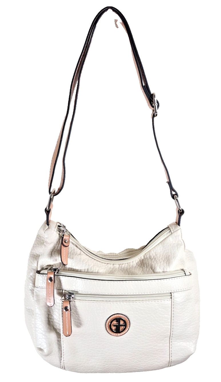Giani Bernini Hobo Shoulder Bag Crossbody Pebbled Faux Leather Cream Ivory Logo